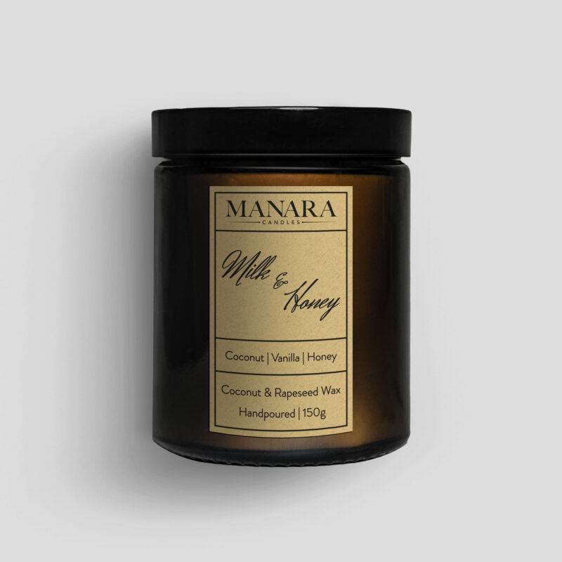 150g milk and honey candle by manara candles amber jar