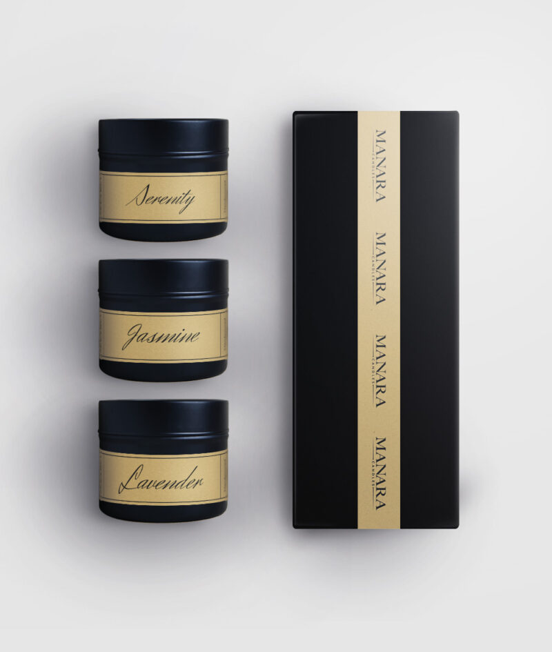 Relaxation and spa gift set of three 90g candles serenity jasmine and lavender with black box manara candles branding