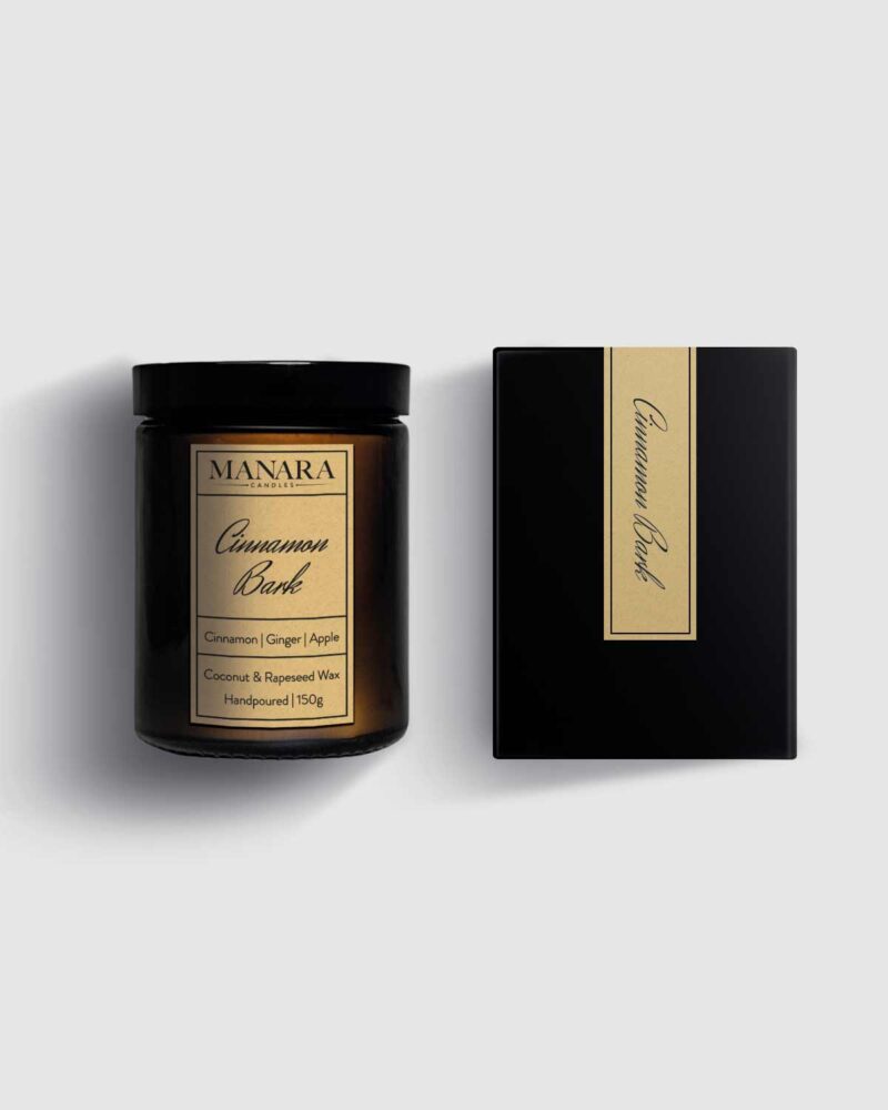 150g Cinnamon Bark Candle placed next to its packaging box by Manara Candles